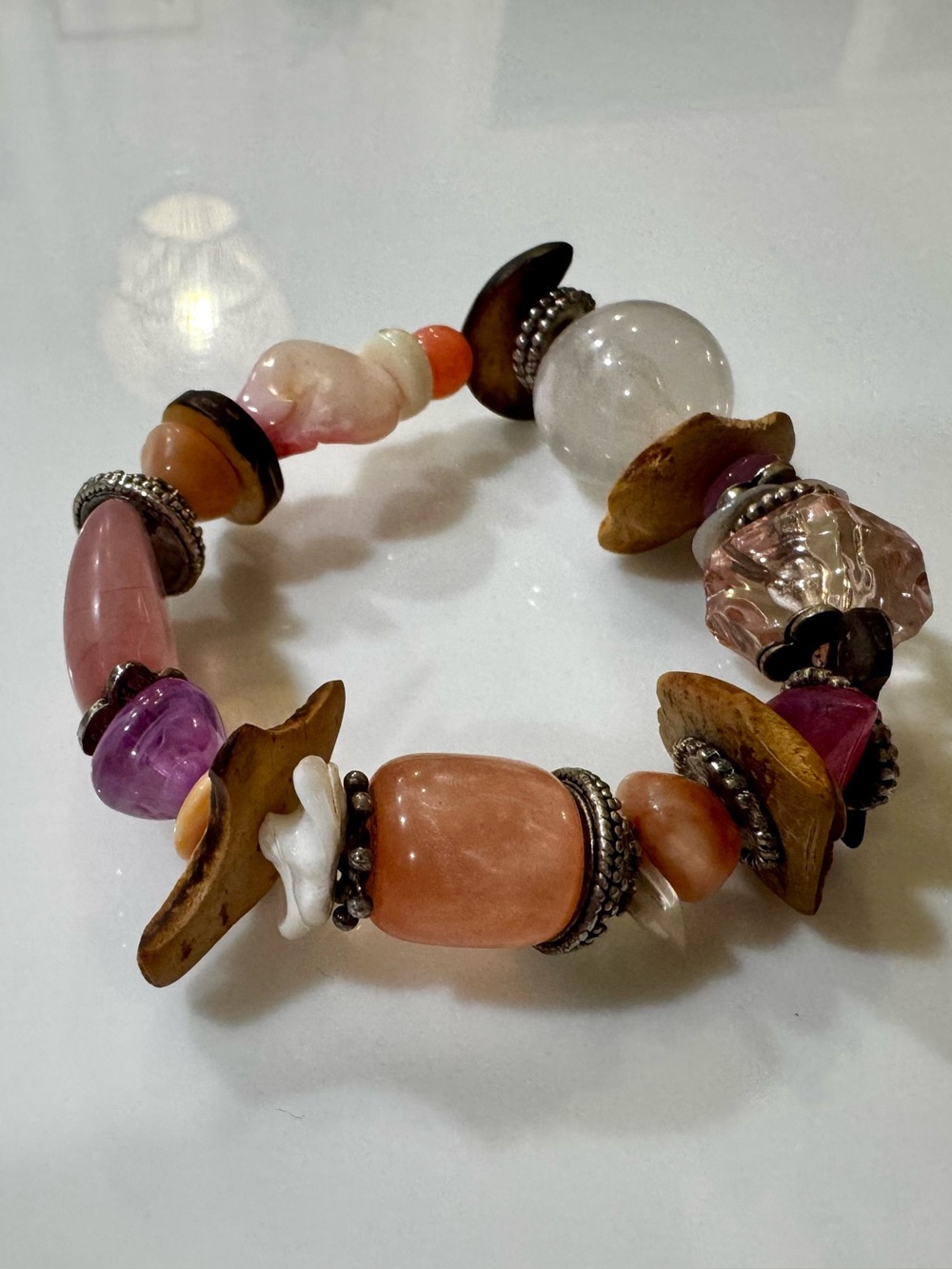 Mixed Stone Shell Stretch Bracelet Rose Quartz Amethyst Wood Crystal Artisan
